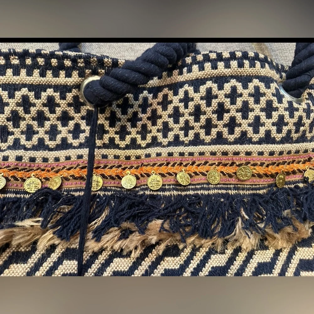 Bohemian Navy and Tan Woven Tote Bag